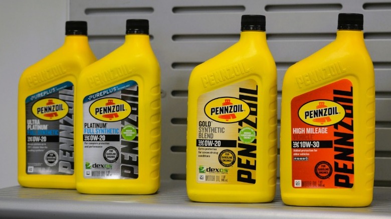 A selection of Pennzoil engine oil, including a bottle of high mileage oil