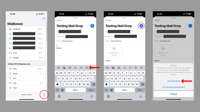 steps involved in using Mail Drop on iPhone