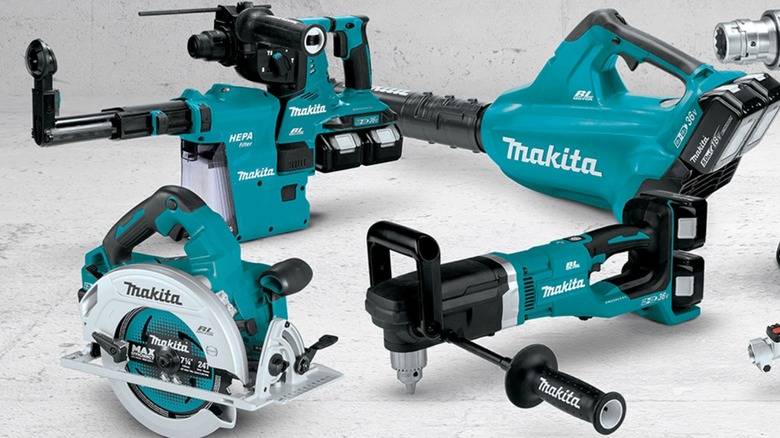 Makita X2 tools on concrete display