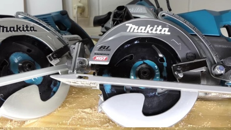 Makita XGT and X2 circular saws sitting on workbench