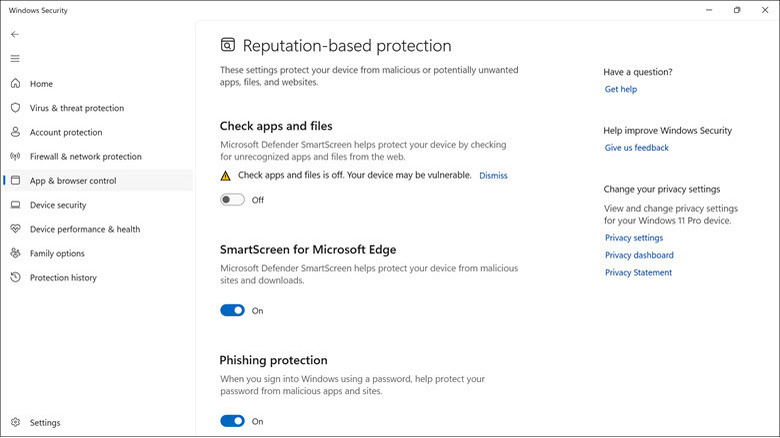 Windows Security settings