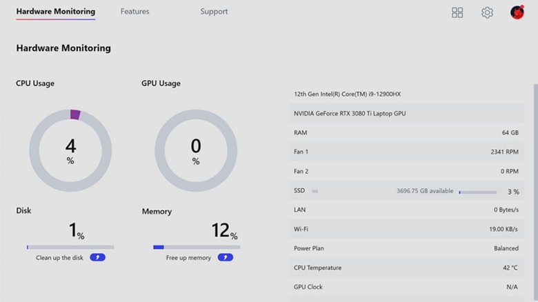 MSI Center Hardware Monitoring menu