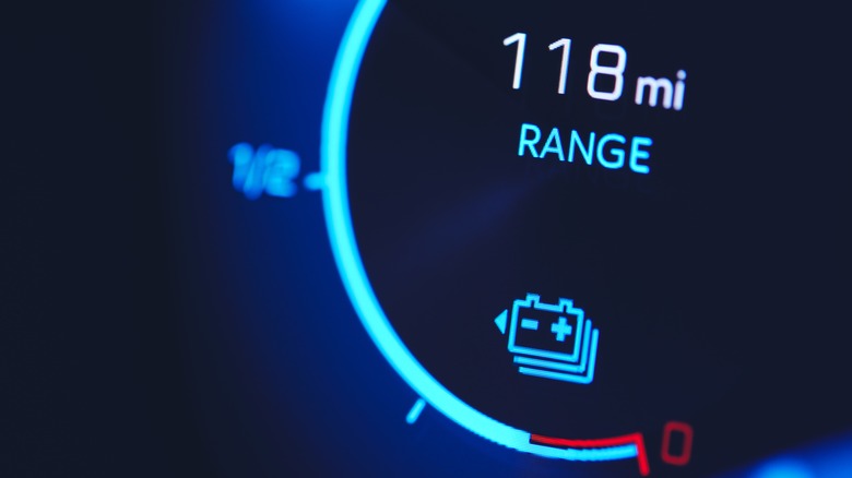 electric car battery range gauge in blue