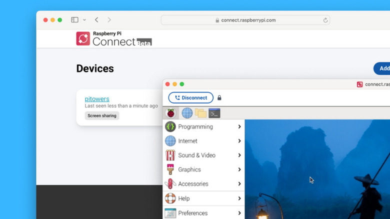 Raspberry Pi Connect showing dashboard, screen sharing and remote access sessions