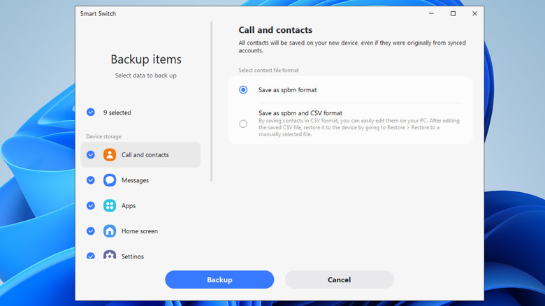 Backup Items in Samsung Smart Switch on a Windows 11 PC