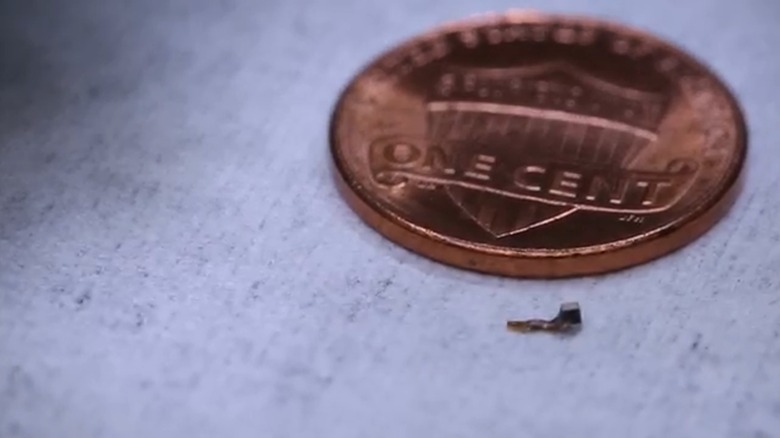 A smart dust sensor sitting beside a Penny, showing its incredibly small size