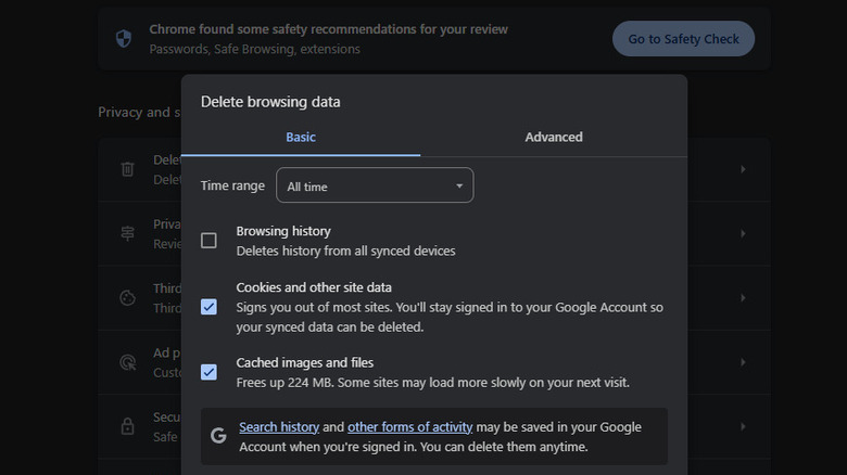 Deleting the browsing data on Google Chrome