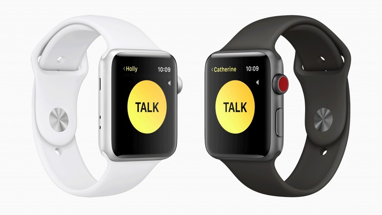 Black and white Apple Watches showing Walkie-Talkie app