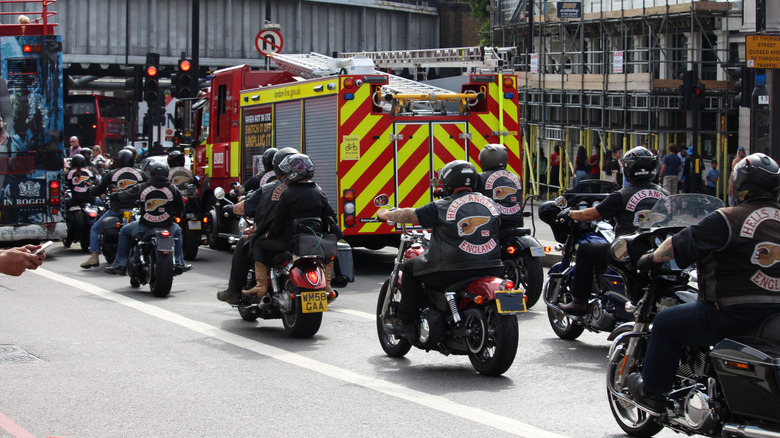 A large group of Hell's Angels motorcyclists stuck in traffic