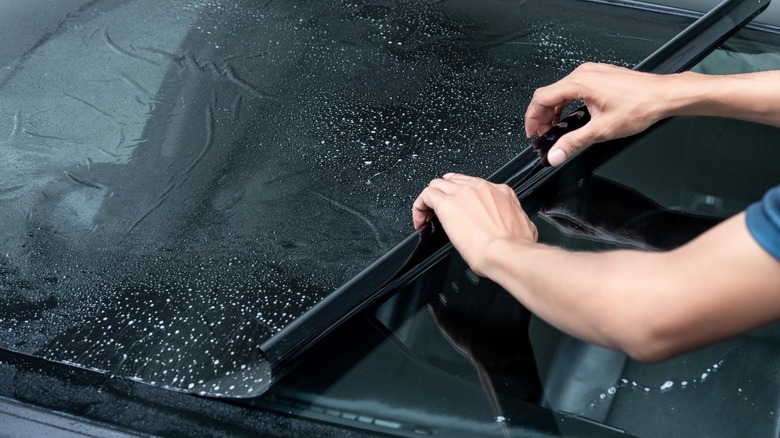 A person rolls out window tint on a vehicle windshield.