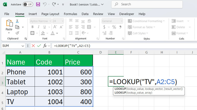 LOOKUP formula in array form in an Excel sheet