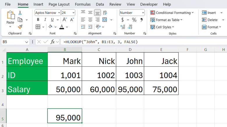 HLOOKUP formula in an Excel sheet