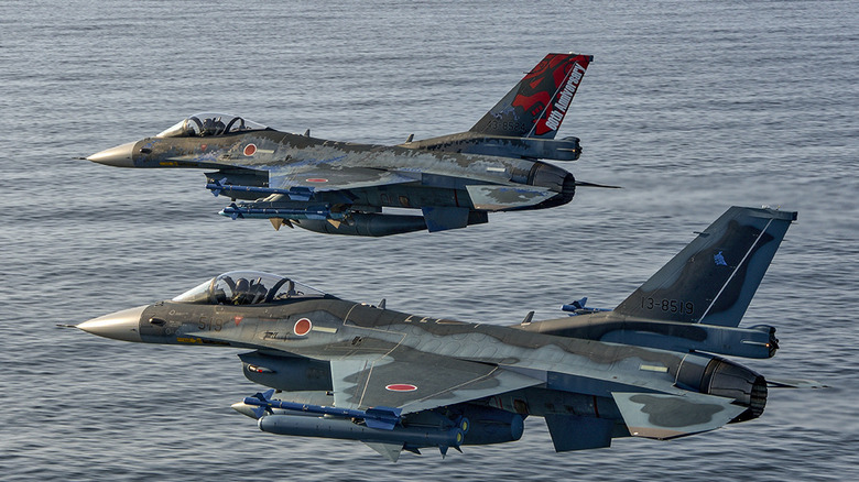 A pair of F-2 Viper Zeros flying in formation over water