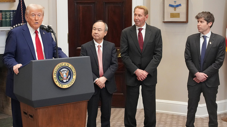 President Donald Trump with Masayoshi Son, Larry Ellison, and Sam Atman, at a press conference in the White House's Roosevelt Room announcing the launch of Stargate.