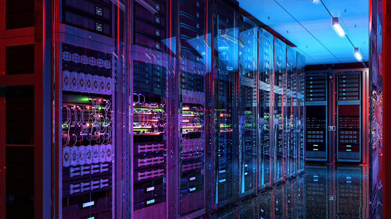 Data-center server racks in a server room with servers, network equipment, and lights. The image is mostly in shades of blue and purple.