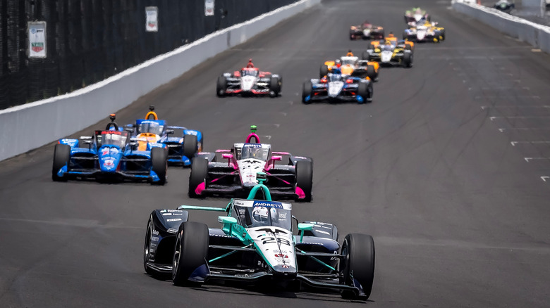 IndyCar racing at Indianapolis Motor Speedway, taken from Turn 1, head-on view