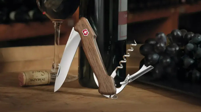 Wine Master Wood Swiss Army Knife with corkscrew visable