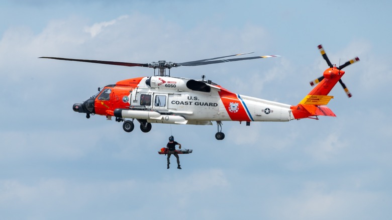 A Coast Guard helicopter in flight