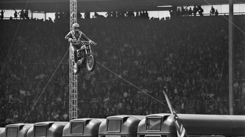 Evel Knievel Attempting To Jump Over 13 Double Decker Buses