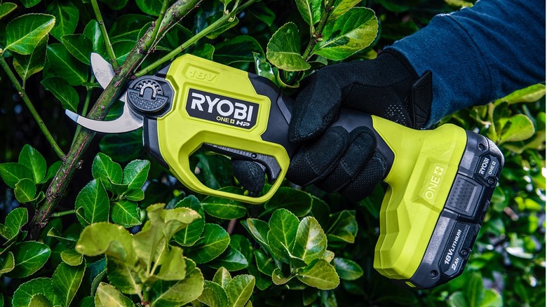 Ryobi pruning shears cutting a branch