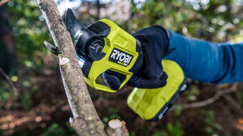 Ryobi pruning shears cutting a branch