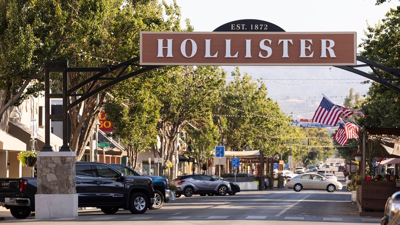 A sign welcomes visitors to Hollister, California, in September 2024