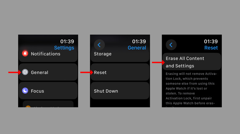 Screenshots of steps to erase all content and settings from Apple Watch