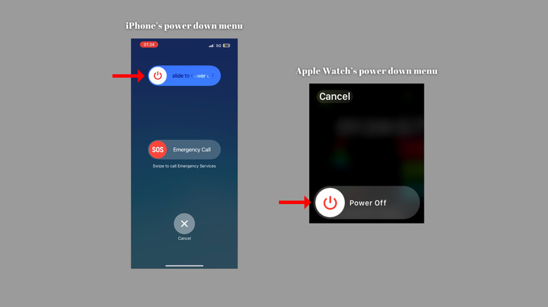 Screenshots of the power down menu of an iPhone and Apple Watch