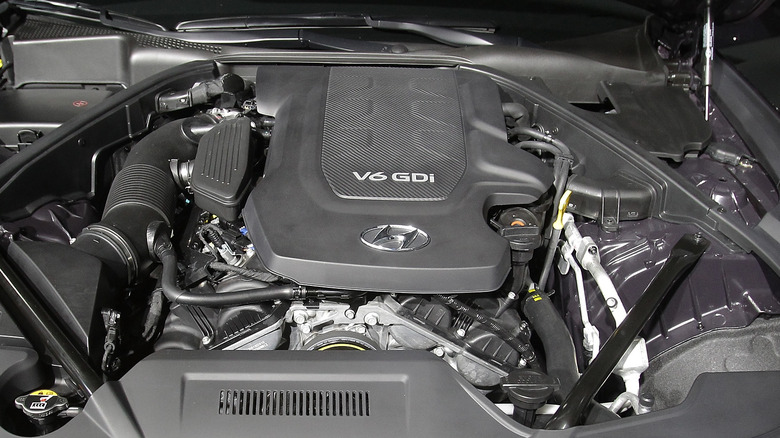 The engine bay of a Hyundai Genesis car