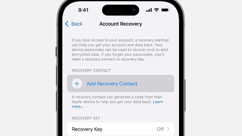 Account Recovery panel in iPhone settings