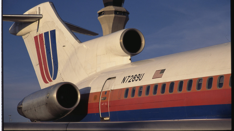 A United Airlines Boeing 727 sits at Denver International Airport.