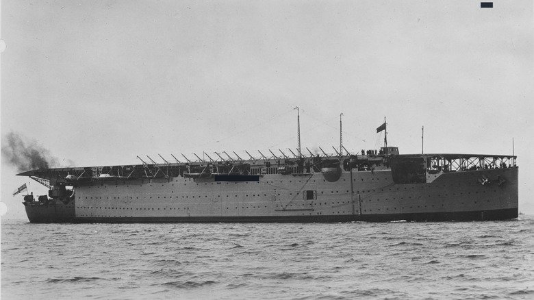 HMS Argus at sea with full flat flight deck