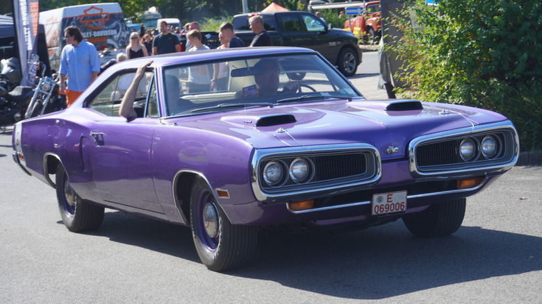 Purple Dodge Super Bee driving