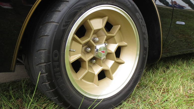 A Pontiac honeycomb wheel in grass.