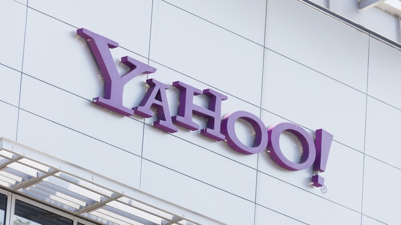 Yahoo! purple building logo on white office building