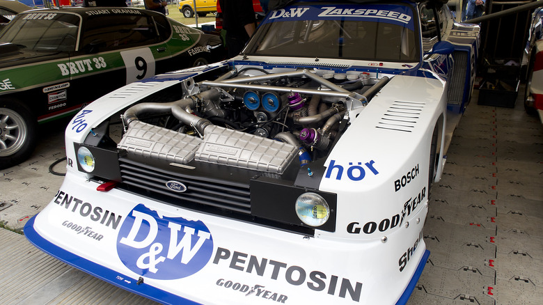 Front 3/4 view of Ford Zakspeed Capri with hood removed