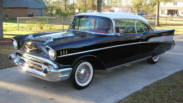 A 1957 Chevy Black Widow at the NASCAR track