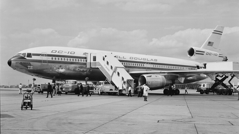 A DC-10 parked on the apron at Heathrow airport in London (1972)