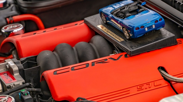 5.7-Liter Corvette engine with model car