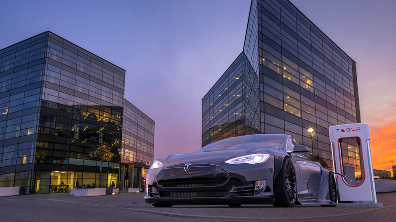 Tesla Model S charging in city