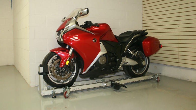 A sports bike resting on a motorcycle dolly