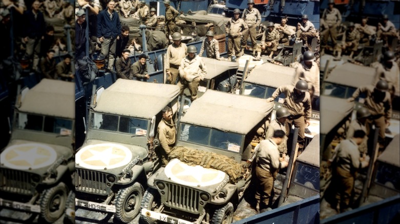 1940s Ford GPWs on a ship traveling to Normandy in 1944