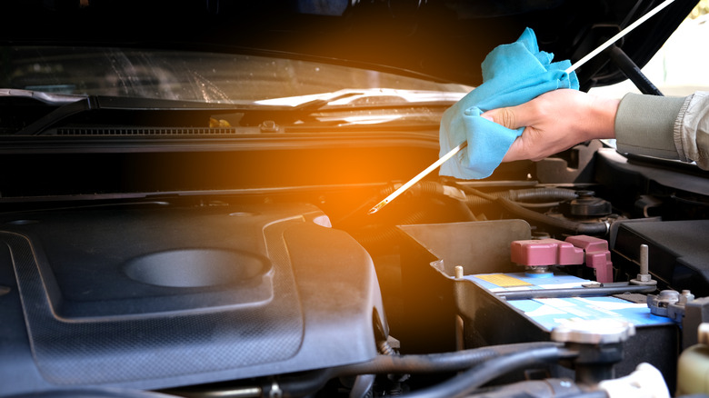 A mechanic checks a car's oil level