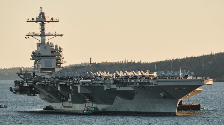 A Gerald R. Ford Class aircraft carrier in the water