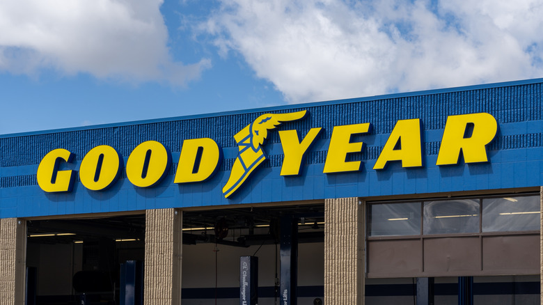 Logo for Goodyear tires on auto garage front