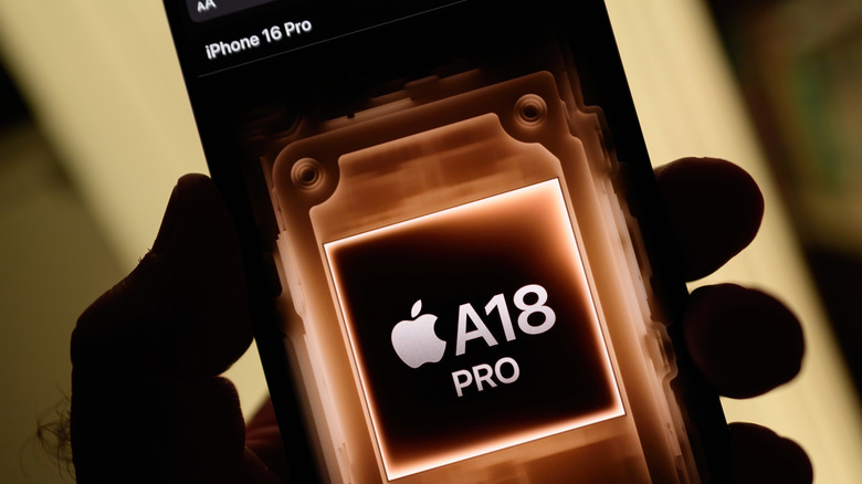 A18 processor promo image on an iPhone 16 screen