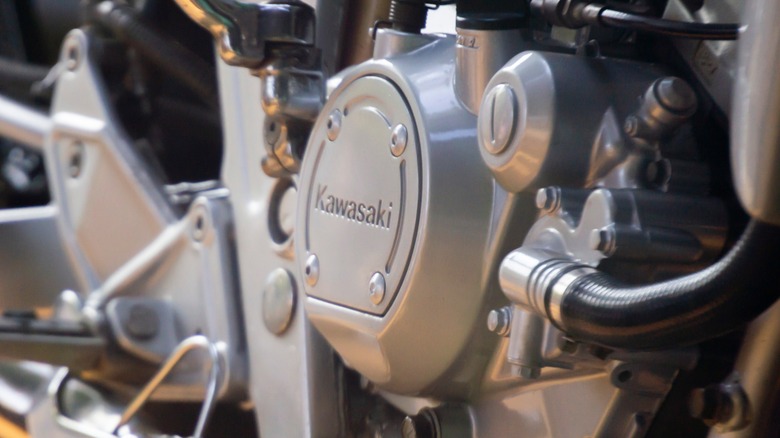 Close up of a Kawasaki motorcycle engine