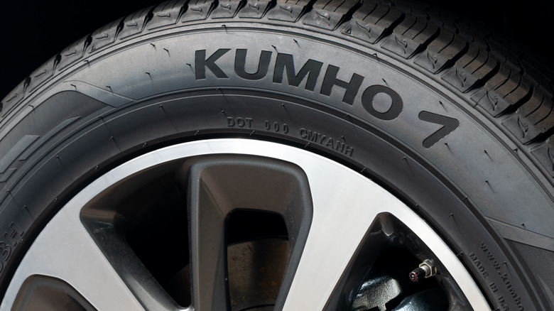 close-up of a Kumho tire attached to a vehicle