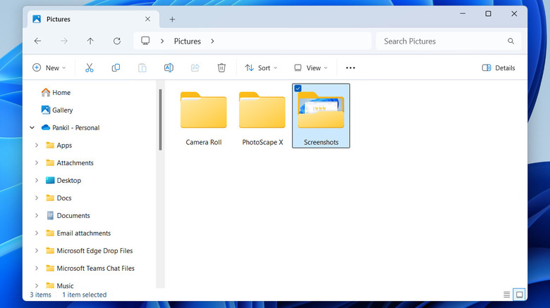 File Explorer window showing the Screenshots folder selected