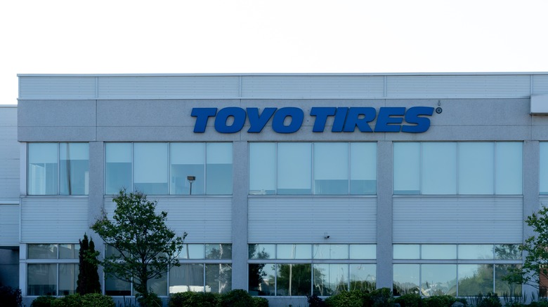 Toyo Tires branding displayed on the facade of a building.